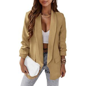 Women's Khaki Casual Blazer Spring Fall Fashion Long Sleeve Open Front Work